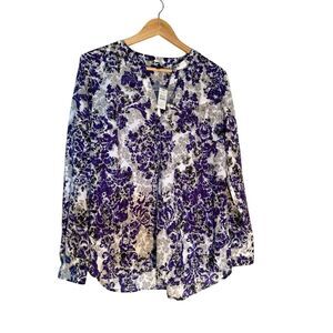 Talbots Size L Collarless Surplice Button Up Shirt Purple Gray Paisley NWT